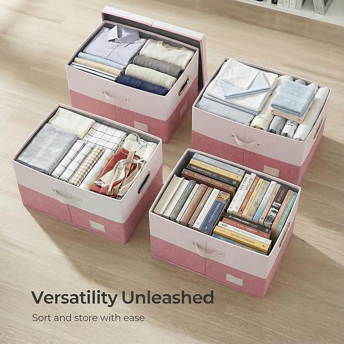 PRANDOM Storage Bins with Lids [3-Pack] Linen Fabric Foldable Storage Boxes Organizer Containers Baskets Cube with Cover for Bedroom Closet Office White&ampPink (23.4X15.9X11.4)