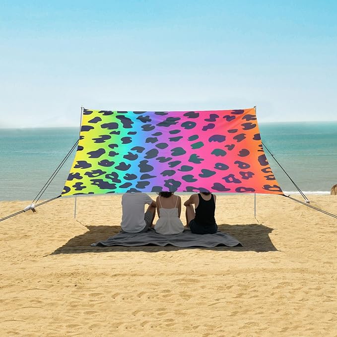 ALAZA Leopard Skin Spots Rainbow Color Beach Tent Sun Shelter Portable Canopy Sunshade for Outdoor Camping Picnics Backyard Fun 10x9 ft