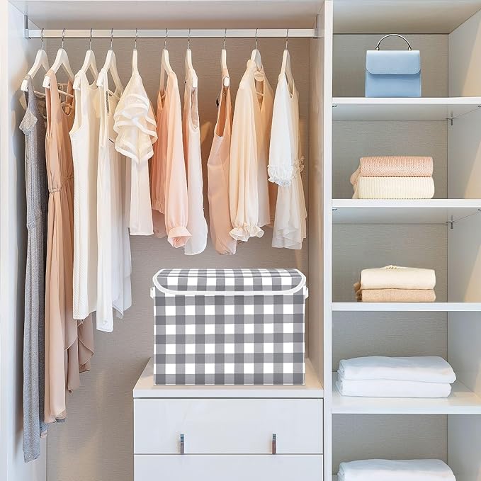 Collapsible Storage Bins with Lids Decorative Fabric Storage Cubes Closet Organizer and Storage Basket Boxes Containers for Clothes Box Chest Nursery Folding Rectangle Black Grey Checkered