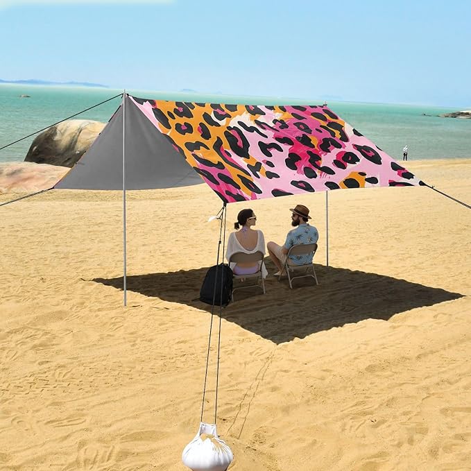 ALAZA Pink Yelliw Leopard Animal Print Beach Tent Sun Shelter Portable Canopy Sunshade for Outdoor Camping Picnics Backyard Fun 10x9 ft