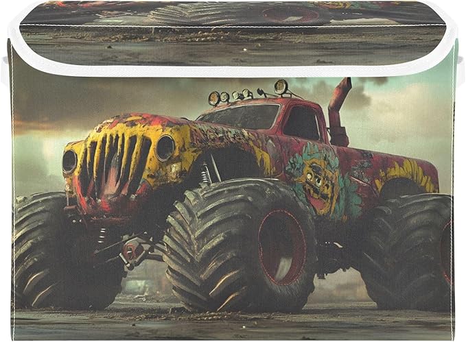 AIXIWAWA Lidded Storage Cube (Retro Monster Truck) Fabric Foldable Closet Bins with Flip Lid and Handles Organizer Basket Container 16.5 x 12.6 x 11.8 IN
