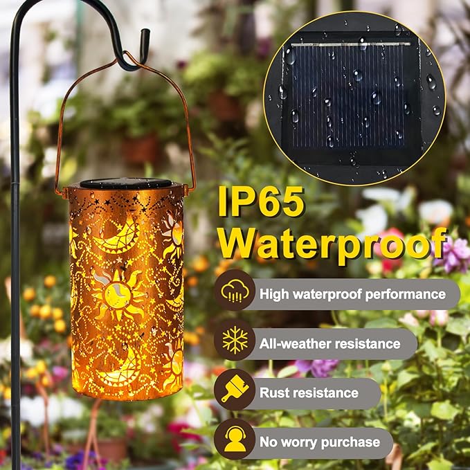 DIBIEECN Mothers Day Gifts for Mom Birthday Gifts Grandma Ladies Solar Lanterns Outdoor Hanging Hollowed-Out Metal Waterproof LED Garden Decor Outside for Patio Yard Porch Sun and Moon 1 Pack