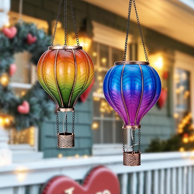 TERESA'S COLLECTIONS 2 Pack Hanging Solar Lantern Outdoor Garden Decor for Valentine Waterproof Plastic Hot Air Balloon Orange Flickering Flame Effect Lantern for Yard TreeGift for Mom18