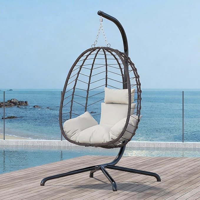 LEX CRAFT Hanging Egg Chair with Stand Swinging Egg Chair Outdoor Indoor Hanging Basket Chair with Cushion Patio Wicker Hammock Chair 350lbs Capacity for Porch Balcony Backyard Garden (Beige)
