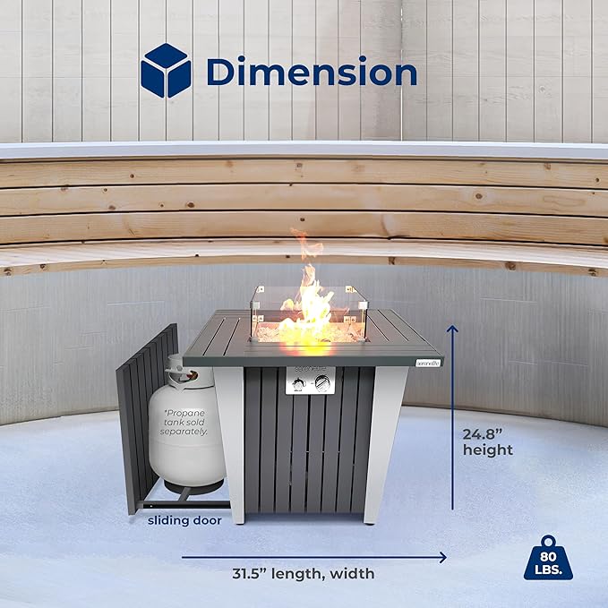 SereneLife Outdoor Propane Fire Pit Table 50000 BTU Square Fire Table with Stainless Steel Lid Durable Legs Adjustable Flame Weather Cover Perfect for Patio &amp Garden 31.5” x 31.5” x 24.8”