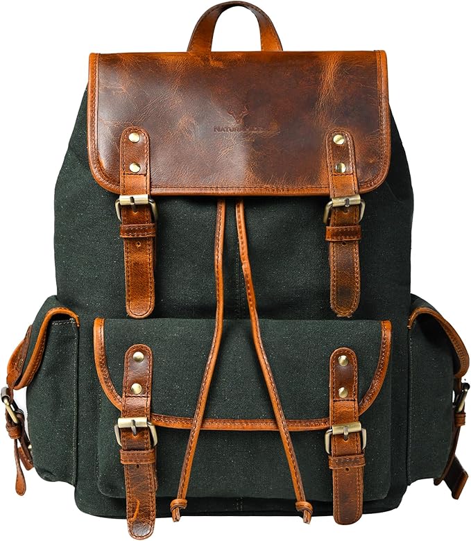 Leather Canvas Backpack Durable Vintage Large Travel Laptop Bag for Men &amp Women Work Hiking School (Oily Green)