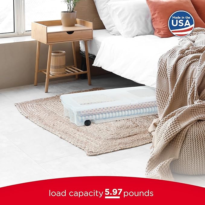 Rubbermaid 70 Quart Under the Bed Low Profile Storage Boxes with Dual Hinged Lids and Easy Rolling Caster Wheels Clear 2 Pack