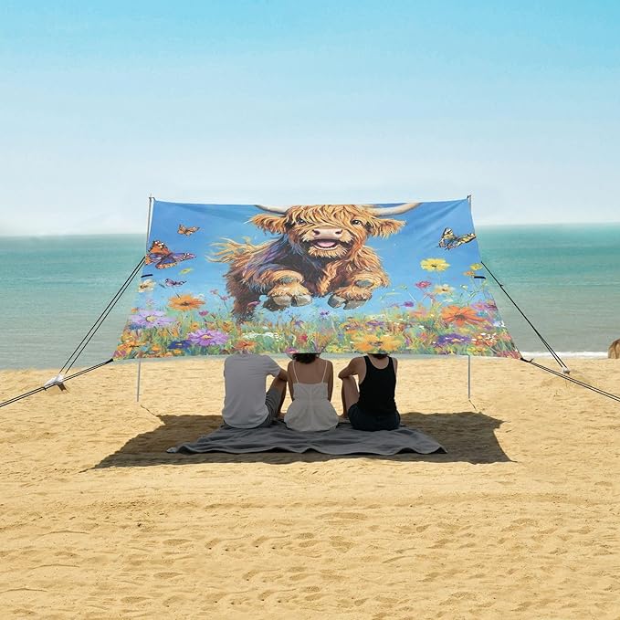 ALAZA Highland Cattle Running Among The Flowers Beach Tent Sun Shelter Portable Canopy Sunshade for Outdoor Camping Picnics Backyard Fun 10x9 ft