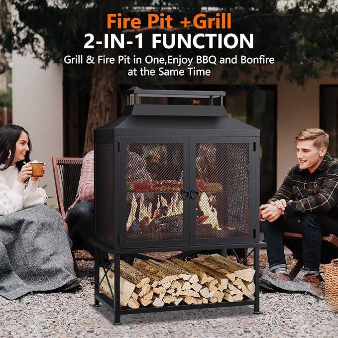 2-in-1 Metal Chiminea Fireplace with GrillWood Burning Outdoor Fireplace with Wood Storage ChimneyMetal Mesh Spark Screenand Fire Tongs Ideal for YardsPatios GardensCampingand Picnics