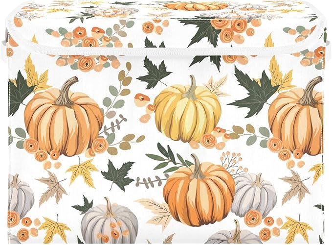 senya Thanksgiving Storage Baskets Collapsible Storage Bins with Lids Pumpkins Flowers Leaves Thanksgiving Storage Boxes Clothes Baskets for Organizing