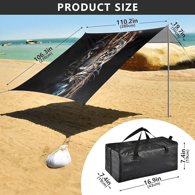 Leopard Portrait Beach Tent Sun Shelter Set UPF50+ UV Protection 10.5 x 9.19 FT Camping Shade Canopy with Sandbags Sand Anchors Carrying Bag and Others