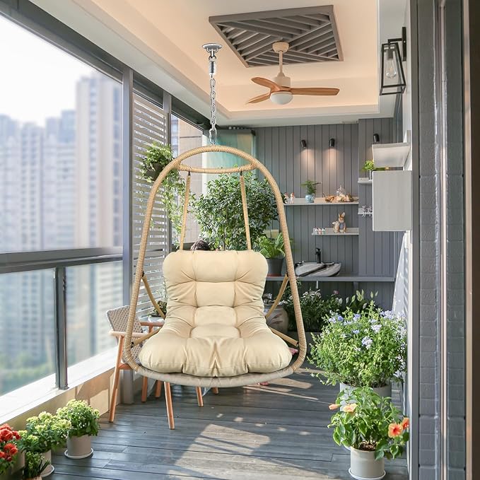Without Stand Swing Egg Chair Indoor Outdoor Wicker Rattan Patio Basket Hanging Chair with C Type Bracket with Cushion and PillowPatio Wicker Folding Hanging Chair(Special Construction Cup Holder