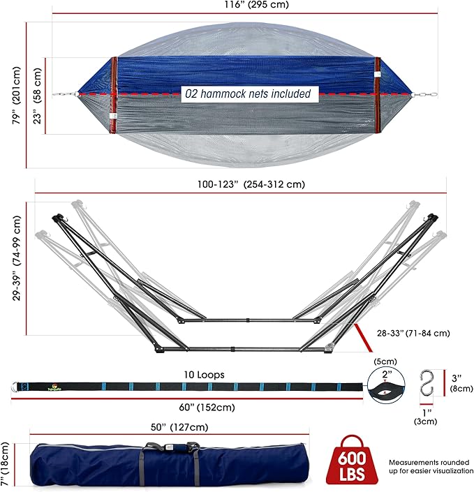 Tranquillo Combo x2 Hammocks with Stand for Outside &amp Tree Straps Heavy Duty Hammock with Stand 600lbs for Indoor Outdoor Patio Backyard x2 Hammocks for 2 Person Portable Carrying Bags Aegean