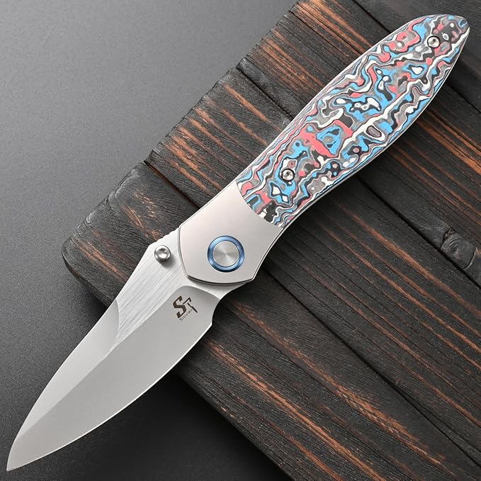 Sitivien ST273 Folding Knife S90V Steel Blade Titanium &amp Carbon Fiber Handle Knife with Pocket Clip for Outdoor Camping Hiking Survival Hunting (Blue+Red)