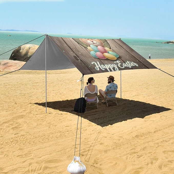 Happy Easter Beach Canopy Sun Shelter with Sandbags &amp Sand Shovel &amp Windproof Ropes - Portable 110x126 Beach Shade Beach Tent for Camping Picnics