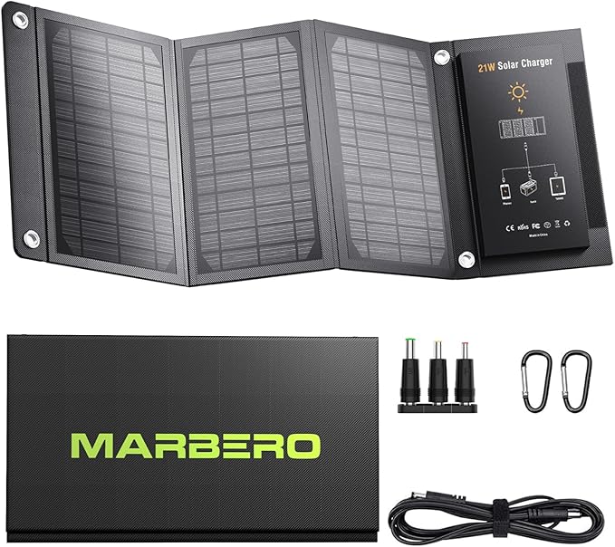 MARBERO 21W Portable Solar Panel Foldable Solar Panel Charger IP65 Waterproof Solar Panels 23% High Efficiency Fast Charger USB Ports &amp DC 18V Output for Camping Outdoor Travel Emergency Cloudy