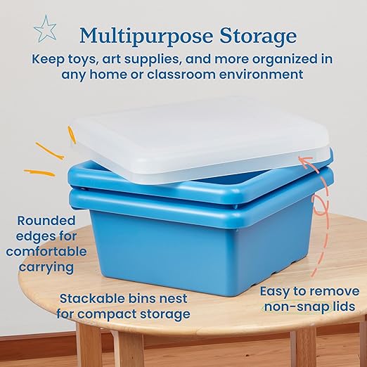 ECR4Kids Stackable Square Bins with Non-Snap Lids Multipurpose Organization French Blue 2-Pack