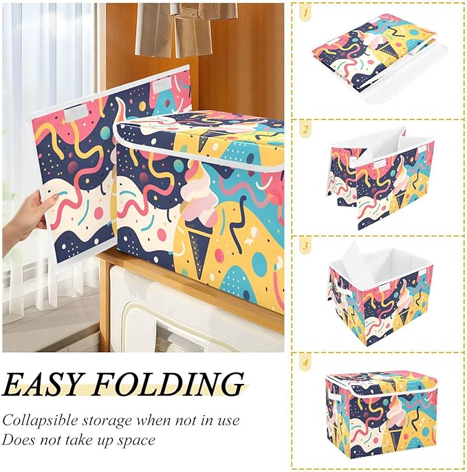 Storage Bins With Lid Stackable Fabric Closet Organizer Clothing Storage Large Boxes For Closet Shelves Bedroom Creative Ice Cream Art