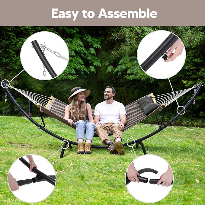 SUNCREAT Hammocks for Outside with Stand Porch Hammock and Stand 475 lbs Capacity Patent Pending Gray Stripes