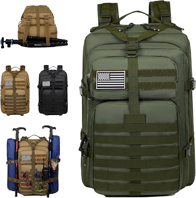 Military Tactical Backpack for Men 45L Large 3 Day Assault Pack MOLLE Bag Waterproof Rucksack for Outdoor Hiking Camping Trekking &amp Survival Includes American Flag Patch - Tactical Green