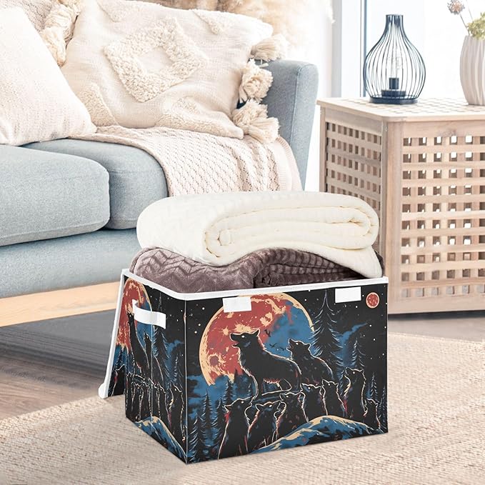 Wolf Packs Storage Cube Bins Basket with Lid Collapsible Flip-top Fabric with Handle for Home Bedroom Closet Office 16.5×12.6×11.8 in