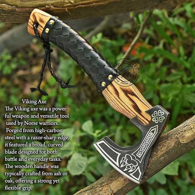 Hand-Forged Engraved Viking Axe Outdoor Camping Hunting Norse Hatchet Axe with Leather-Wrapped Handle &amp Sheath Great for Birthdays Gift Holidays Christmas or Weddings Gift (AXE-04)