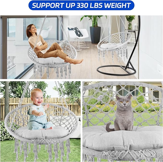 Hammock Chair Swing Cotton Rope Handwoven Hanging Chair 330 Pounds Capacity Tassels Hammock Swing for C-Hammock Stand Living Room Yard Garden Balcony (Grey)