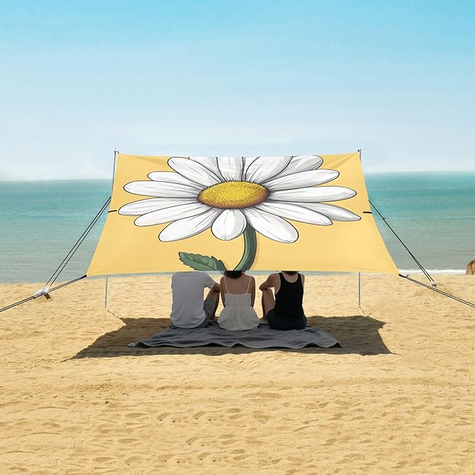 ALAZA Cute Doodle White Daisy Beach Tent Sun Shelter Portable Canopy Sunshade for Outdoor Camping Picnics Backyard Fun 10x9 ft