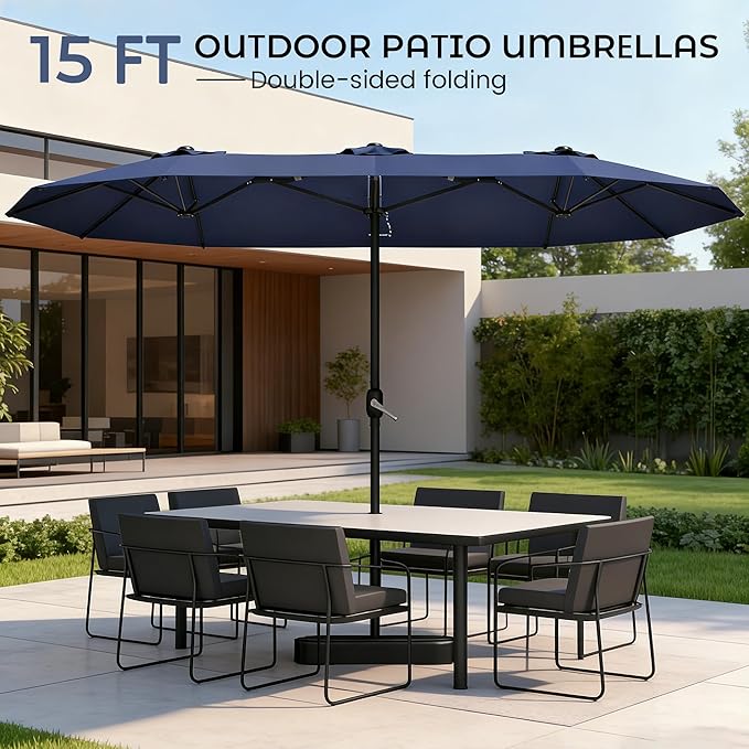 DomeShade 15ft Patio Umbrella with BaseLarge Outdoor Double-Sided Rectangle Umbrella with Crank Handle Market Umbrella for Poolside Garden Deck Backyard Beach Pools Navy Blue