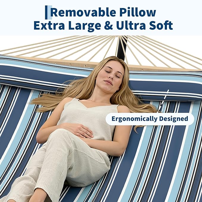 Hammocks 12 FT Double Quilted Fabric Hammock with Spreader Bar and Detachable Pillow 2 Person Hammock for Outdoor Patio Backyard Poolside 450lbs Weight Capacity