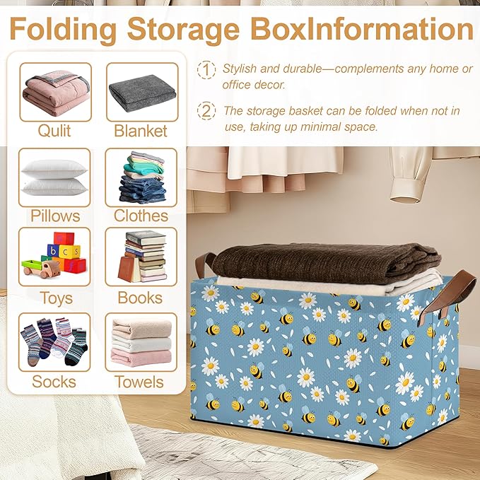 32L Large Storage Bins with Handles Basket Organizer for Shelves Closet Books Laundry &amp Home Decor (Bee Daisy)