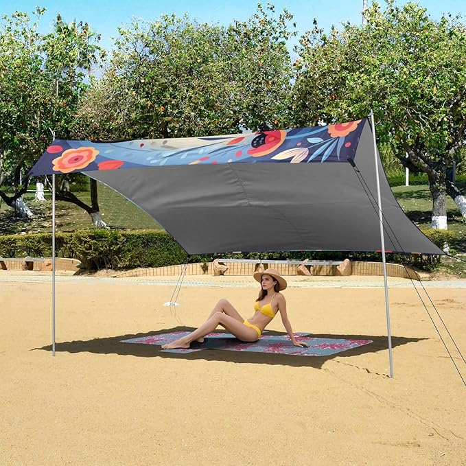 ALAZA Sugar Skull Cat Cute Beach Tent Sun Shelter UPF50+ Protection Beach Shade Canopy w/ 4 Sandbags for Outdoor Camping Fishing Backyard Fun Picnic 10x9 ft