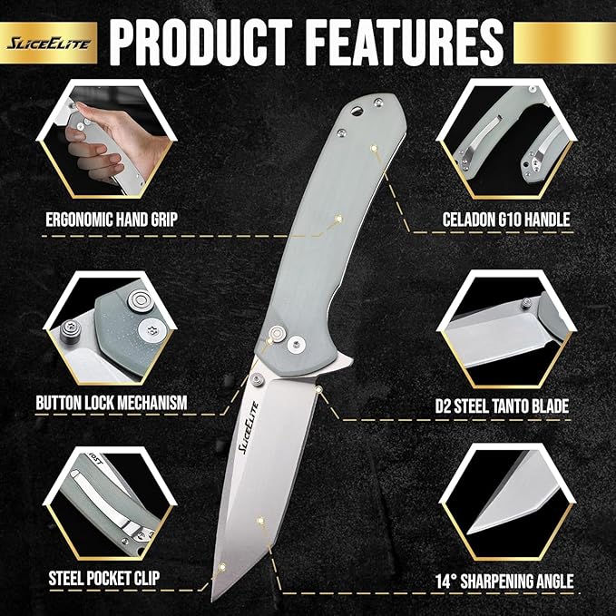 SliceElite Ghost EDC Knife 3.4 Inch D2 Steel Tanto Blade Translucent Green G10 Handle Button Lock Stainless Steel Pocket Clip Lightweight Compact Everyday Carry Knife