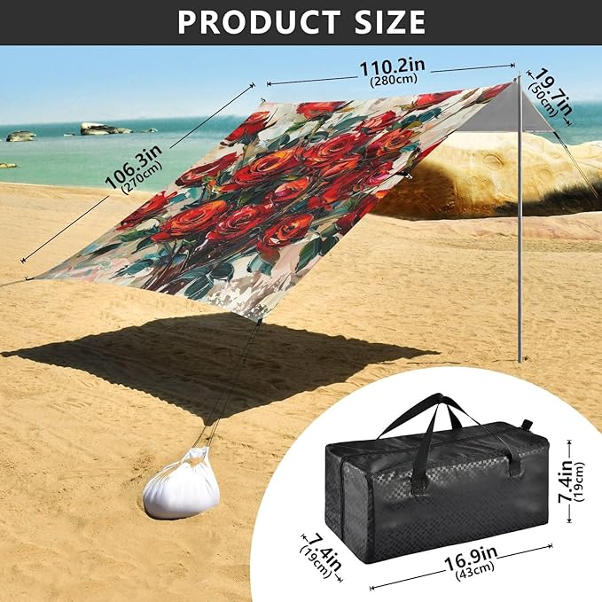 ALAZA Red Rose Flower Bouquet Spreads Leaves Beach Tent Sun Shelter Portable Canopy Sunshade for Outdoor Camping Picnics Backyard Fun 10x9 ft