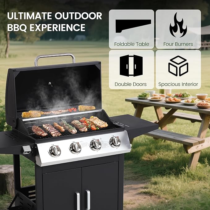 HUGROVE 4-Burner Propane Gas BBQ Grill Upgraded 40000 BTU Stainless Steel Barbecue Grill with Foldable Side Tables Spice Rack &amp Wheels for Outdoor Cooking