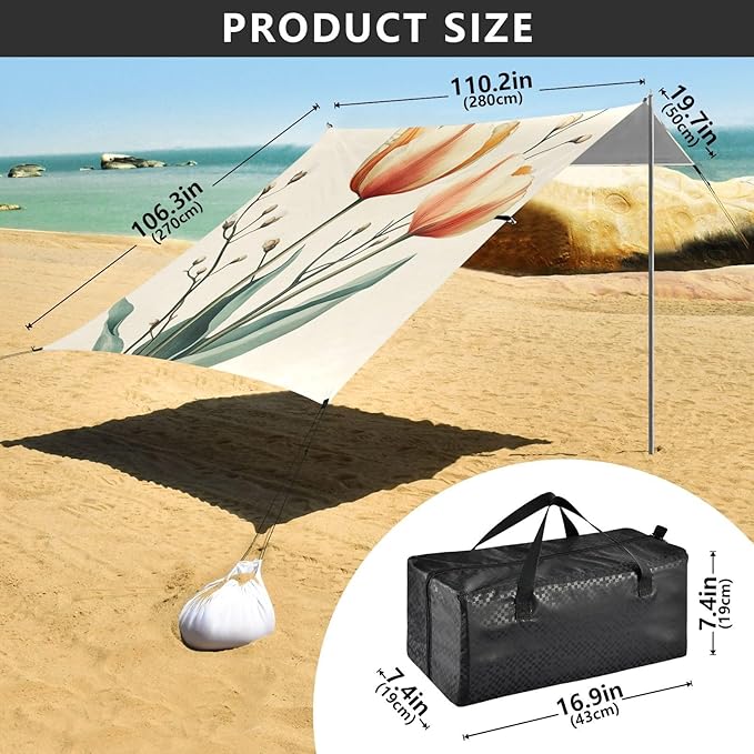 ALAZA Vintage Tulips Spring Floral Beach Tent Sun Shelter Portable Canopy Sunshade for Outdoor Camping Picnics Backyard Fun 10x9 ft