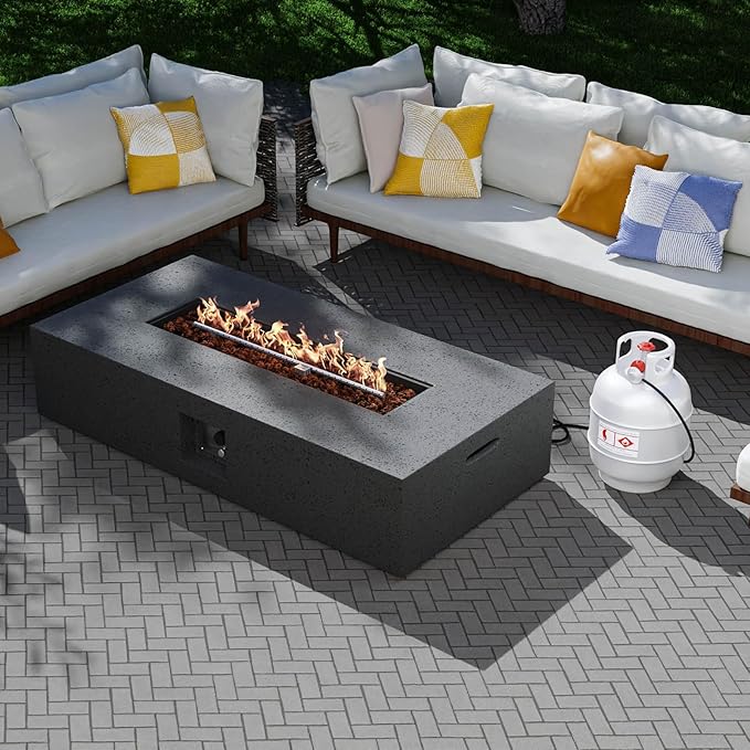 SUNBURY Outdoor Travertine Fire Pit Table 56 inches Rectangle Propane Gas Patio Fire Pit 50000 BTU Concrete Low Firepit Table with Lava Rocks Waterproof Cover (Grey)
