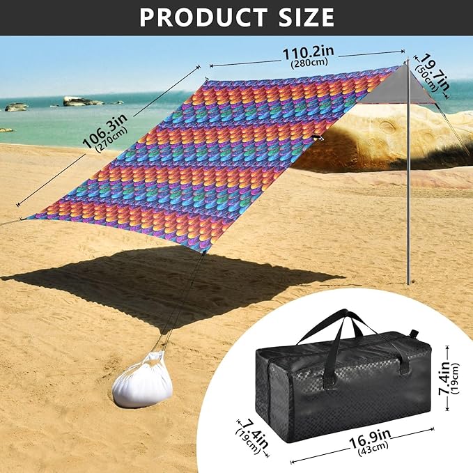 ALAZA Mermaid Print Rainbow Color Beach Tent Sun Shelter UPF50+ Protection Beach Shade Canopy w/ 4 Sandbags for Outdoor Camping Fishing Backyard Fun Picnic 10x9 ft