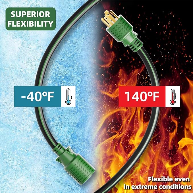4 Prong 30 Amp Extension Generator Cord 10FT NEMA L14-30P/L14-30R 125/250 Volt Up to 7500 Watts 10 Gauge SJTW Twist Lock Power Cord for Manual Transfer Switch Black&ampGreen ETL Listed
