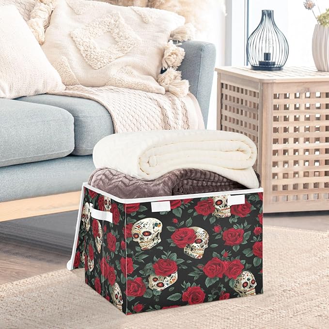 Storage Bins with Lids Storage Containers Box Organizer Bin Basket with Handles for Closet Shelves Clothes Stackable Foldable Decorative Mexico Skull Rose Flowers Red
