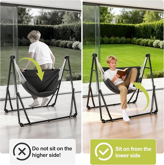 2-in-1 Hammock &amp Swing Chair for Teens – Adjustable Folding Chair with Collapsible Steel Stand Portable for Camping Travel Patio &amp Indoor Use Includes Carrying Case Supports 440 LBS