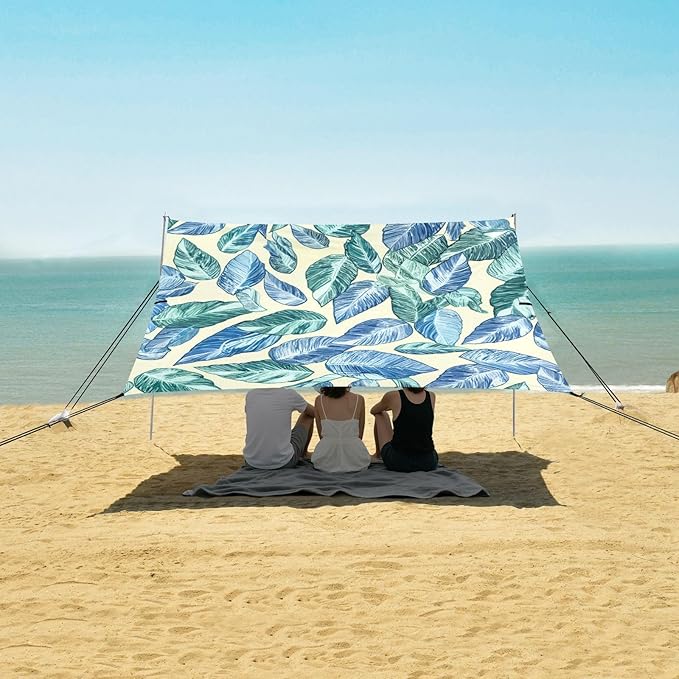 Beach Canopy with Windproof Ropes &amp Sandbags Beach Tent Sun Shade Sun Shelter for Camping Trips Fishing Backyard Fun or Picnics Leaves