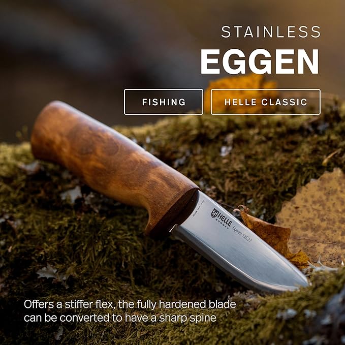 HELLE Knives - Eggen Stainless Steel - Outdoor Camping Knife Stick Tang Fixed Blade with Sheath Curly Birch Handle Made in Norway