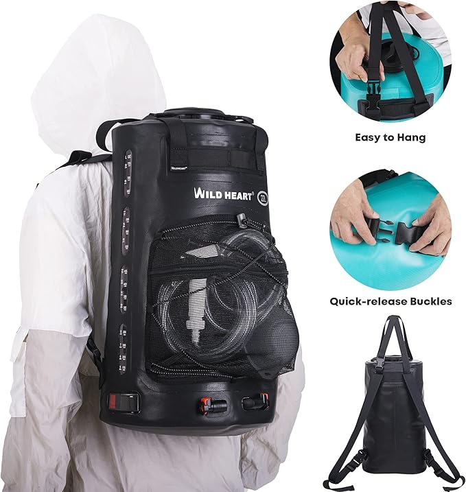 WILD HEART Camping Shower 22L/ 12L Portable Shower for Camping with Pressure Foot Pump and Hose - Solar Shower Bag Backpack for Camping Road Trip &amp Outdoor Use