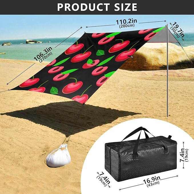 Beach Canopy with Windproof Ropes &amp Sandbags Beach Tent Sun Shade Sun Shelter for Camping Trips Fishing Backyard Fun or Picnics Red Cherries