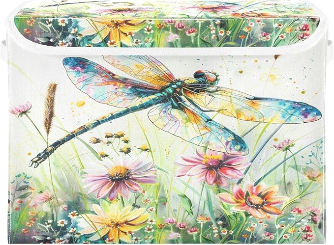 senya Baskets Collapsible Storage Bins with Lids Dragonfly Wildflowers Painting Storage Boxes Clothes Baskets for Organizing B06D22020