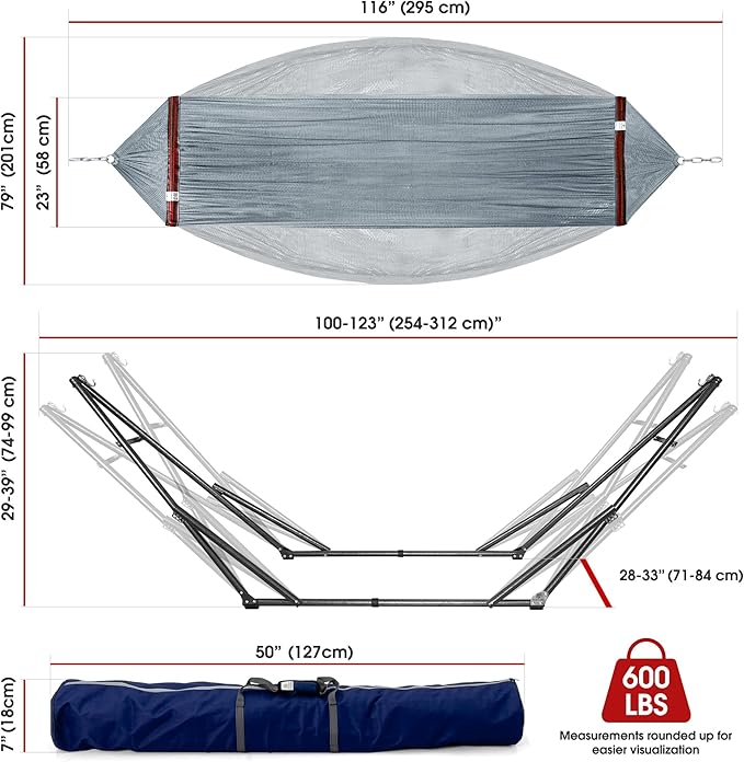 Tranquillo Adjustable Hammock Stand 600 lbs Capacity Collapsible Camping Hammock and Stand Double Hammock with Stand for 2 Persons Quick &amp Easy Assembly Garden Yard Patio Lawn Grey