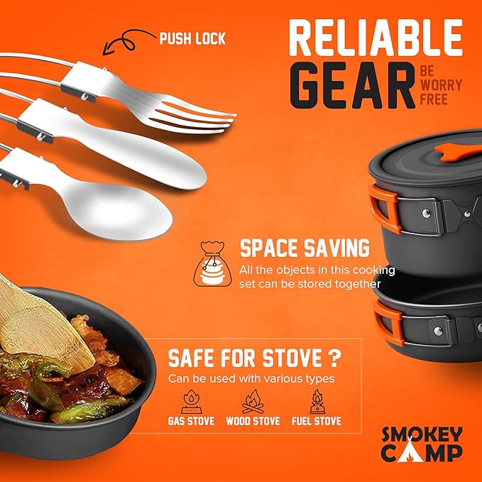 Smokey Camp Camping Cookware Mess Kit Set with Stove - Backpacking Camping Pots and Pans Set All in One Non-Stick Camping Cooking Set Portable Stove Hiking Picnic Outdoor &amp Camping Cookware S