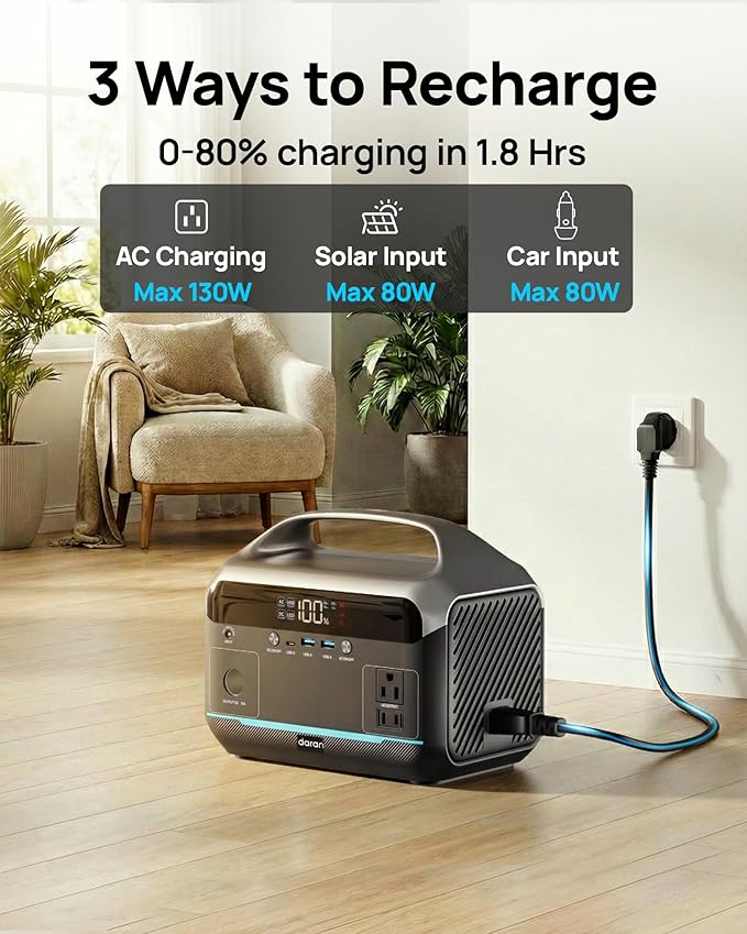 Portable Power Station 600W 288Wh LiFePO4 Battery Solar Generator Power Bank with AC Outlet 110V/ 1200W Surge PD 100W Output Fast Charging for Outdoors Camping Home Emergency Hunting Blackout