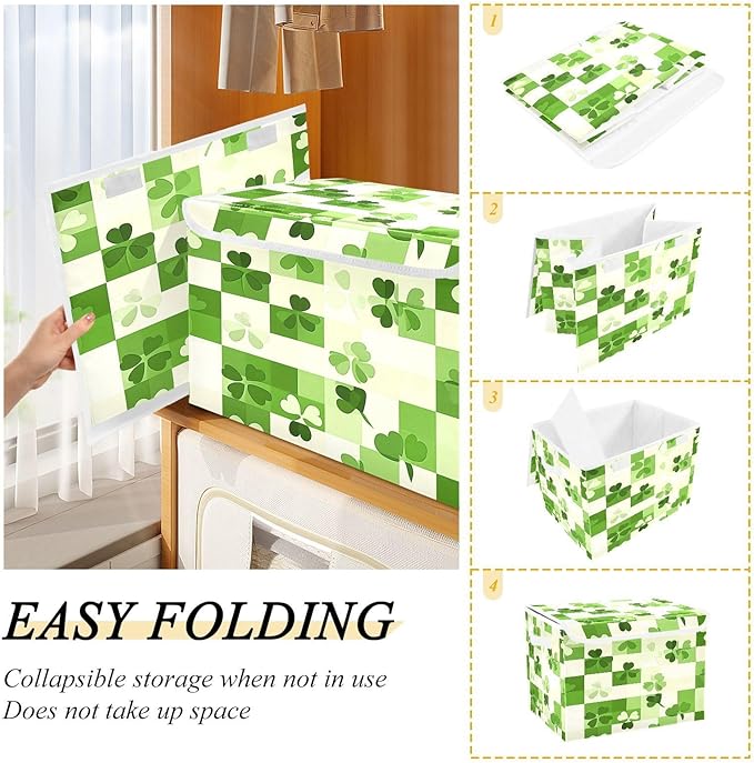 Clover Checkered Background Fabric Storage Bins with Lids and HandleFoldable Storage Bins with LidsCloset Organizers for Clothes Storage Room Organization Office Storage Chest Organizer